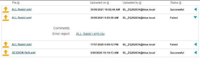 You can go to the “View uploaded files” page in the Data Exchange Web Portal. This page displays the list of all the files uploaded by the organisation. You will then need to check the status row of the table for any files that have the status: “Failed”. Expand the row to download the error file for this submission. 