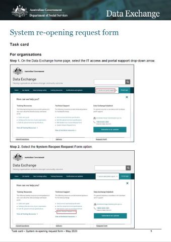 cover of System re-opening request form – task card for organisations